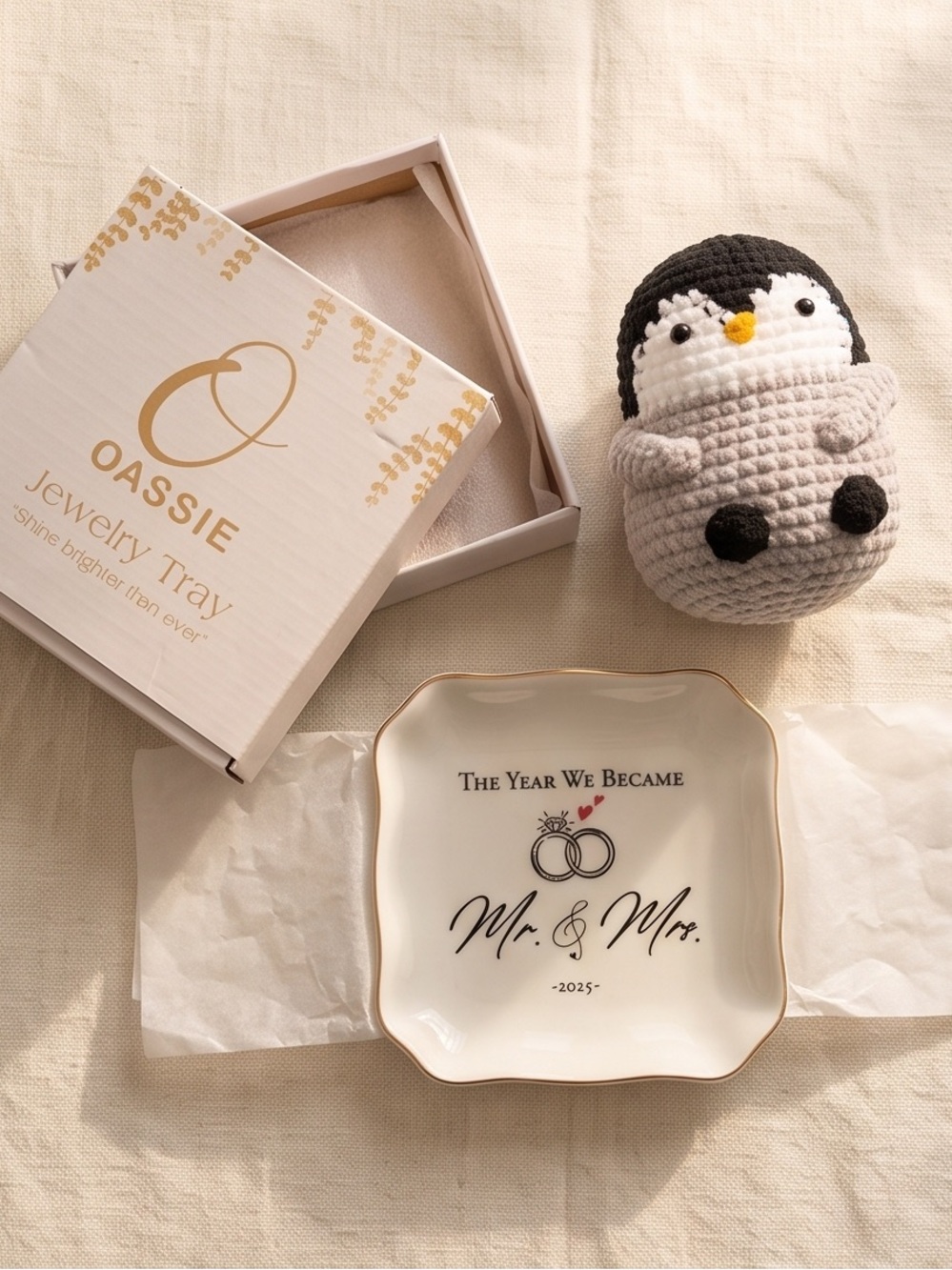 OASSIE Mr & Mrs Jewelry Tray White & Black and crochet penguin that says “when p